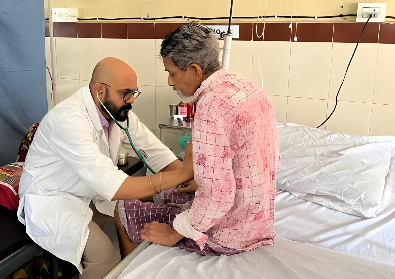 A senior person looking out a window.